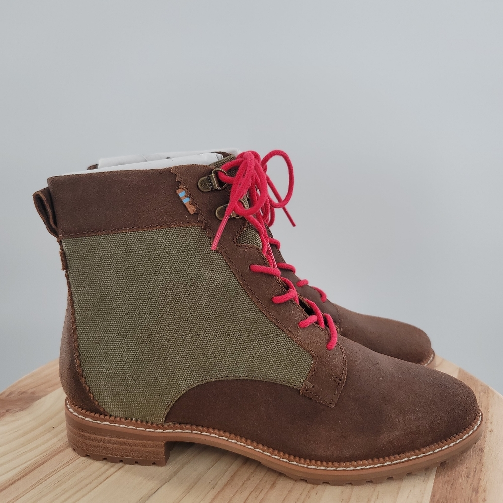 TOMS WOMEN'S NOLITA BROWN WAXY SUEDE WASHED CANVAS LACE-UP ANKLE BOOTIES SZ 6.5